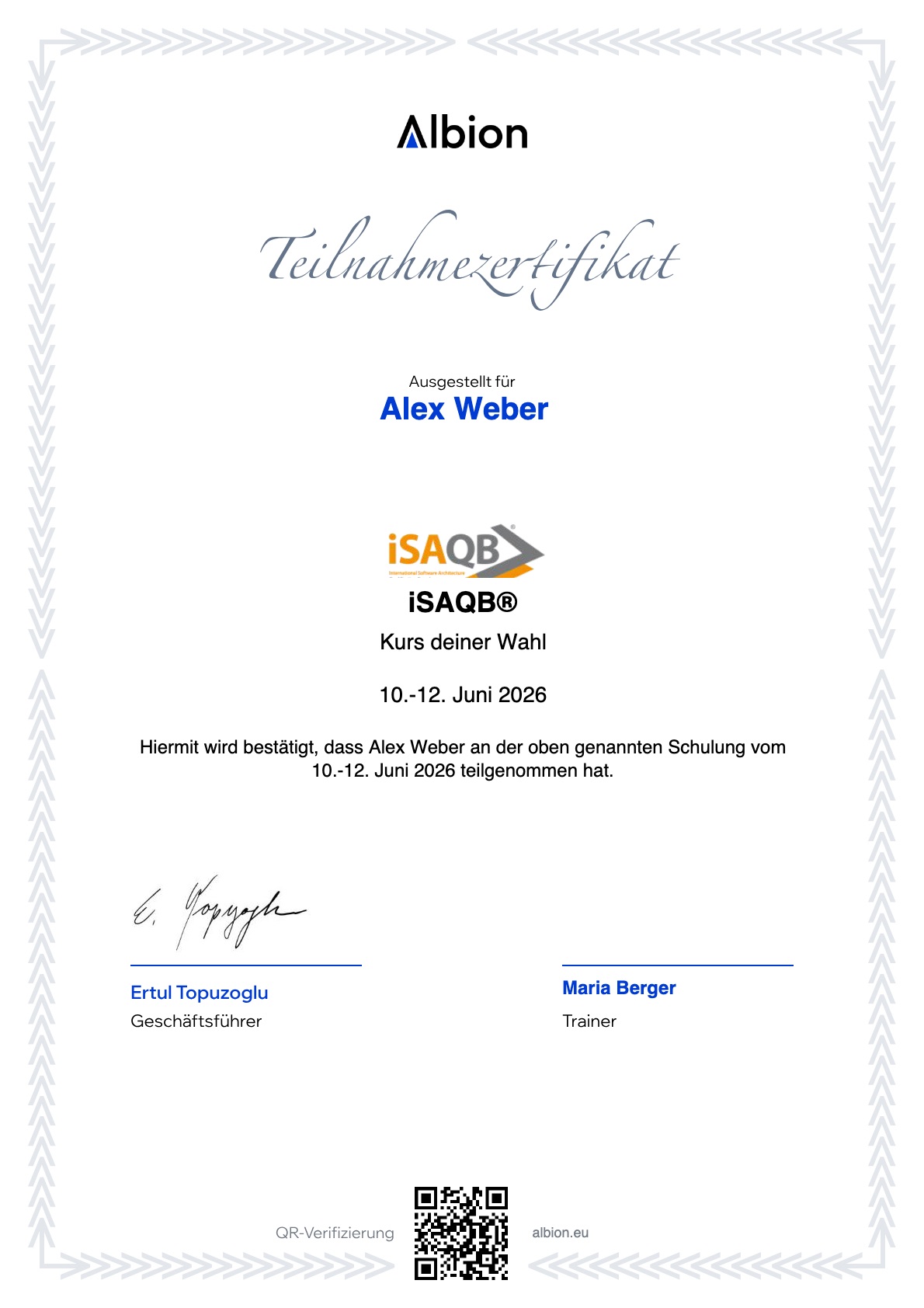 Das Albion-Teilnahmezertifikat für iSAQB API Application Programming Interfaces Schulung: Name, Kurs, Termine, zwei Unterschriften und ein QR-Code zum Prüfen.