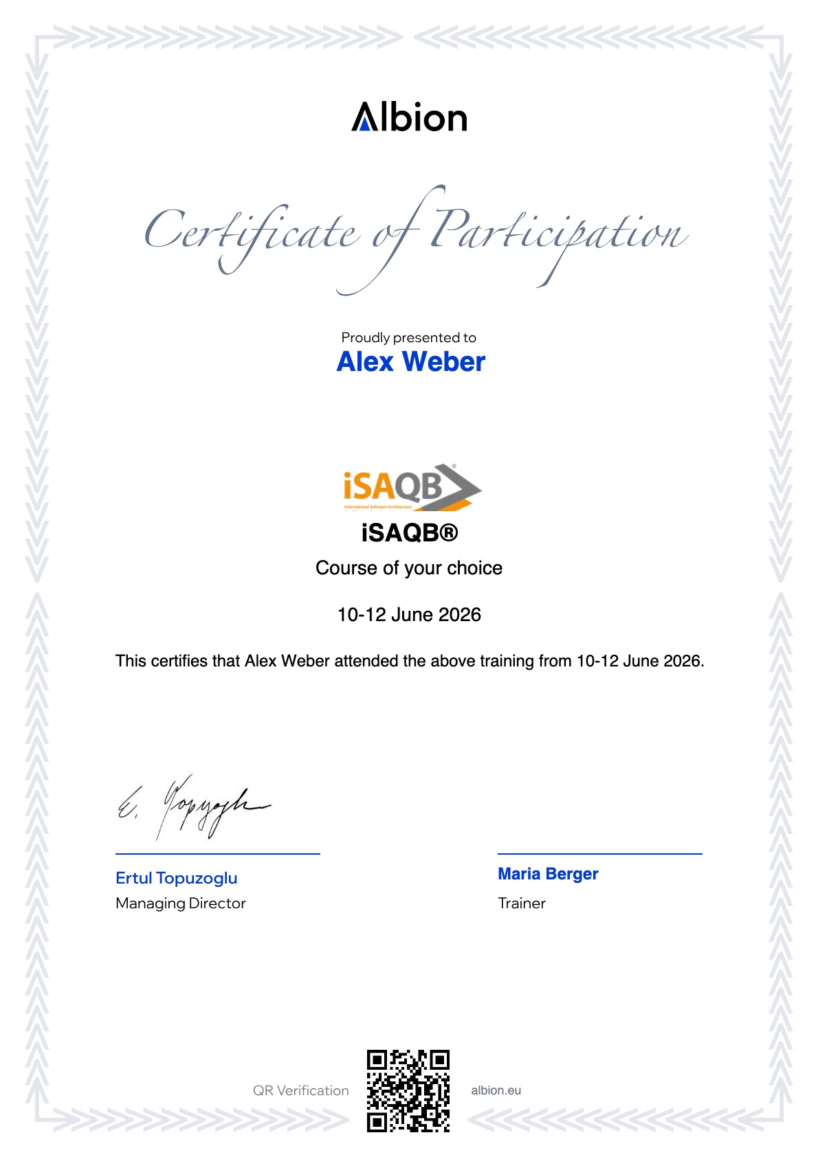 The Albion certificate of participation for iSAQB CPSA-F Foundation Level Training: learner name, course, dates, two signatures and a QR verification code.
